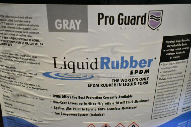 Pro Guard Coatings Liquid Rubber 55-gallon barrel. Gray EPDM rubber in liquid form for waterproofing. Includes application instructions and safety warnings.