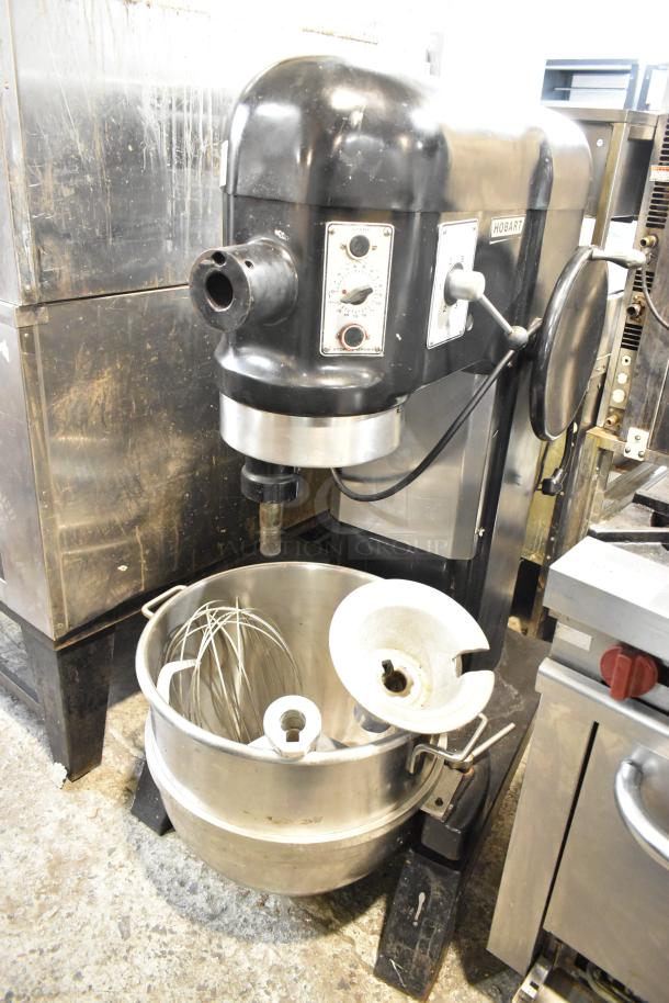 Hobart L-800 80 Qt planetary dough mixer with bowl, dough hooks, paddle, and whisk. 230V, 1 phase. Used condition.