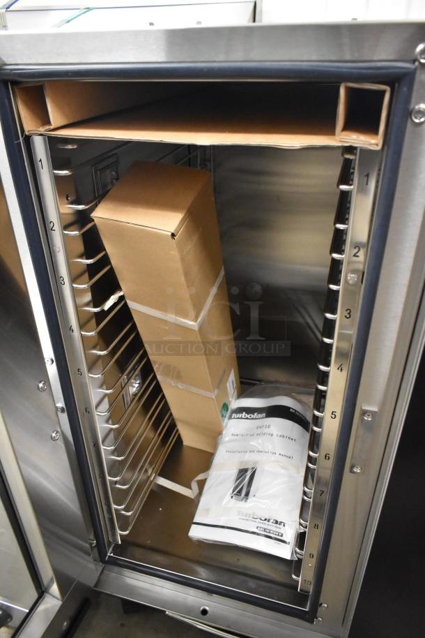 Brand new Moffat Turbofan EHT10 stainless steel heated cabinet on casters, 208V, 1-phase, includes manual and packaging.