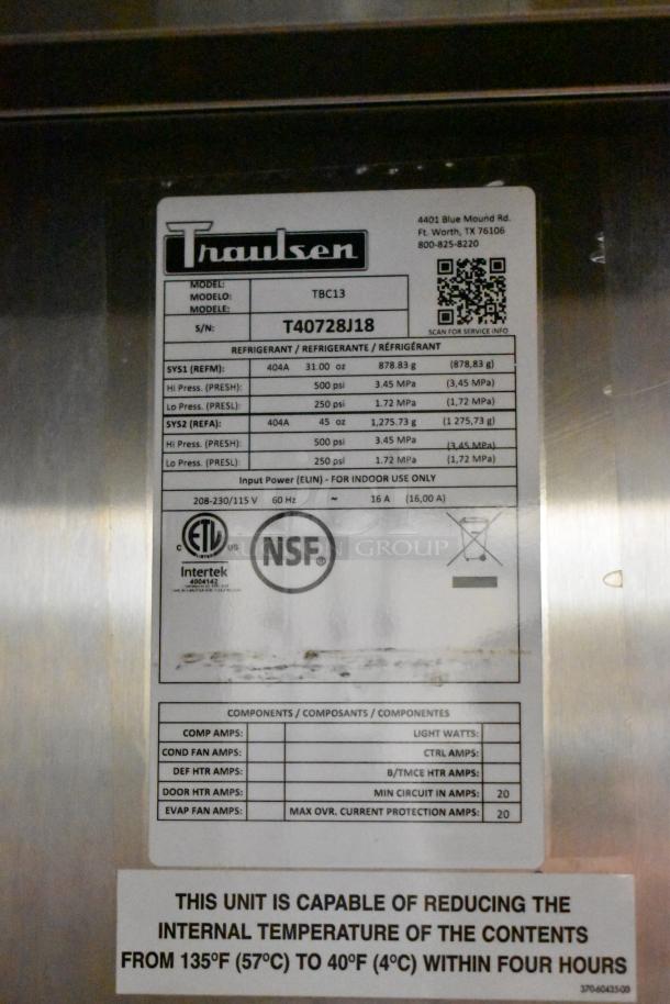 2018 Traulsen TBC13 stainless steel commercial blast chiller, single door, 3 probes, on casters, 115/208-230V, model label shown.