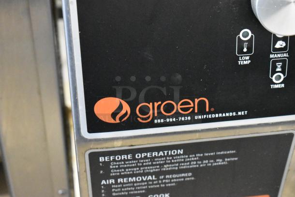 2019 Groen DEE/4-20A electric steam kettle control panel. Features manual tilt, low temp, and timer settings with instructions.