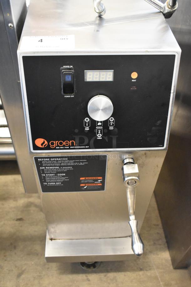 Groen DEE/4-20A stainless steel 20-gallon tilt steam kettle, electric-powered, 208V, 3-phase, control panel visible.