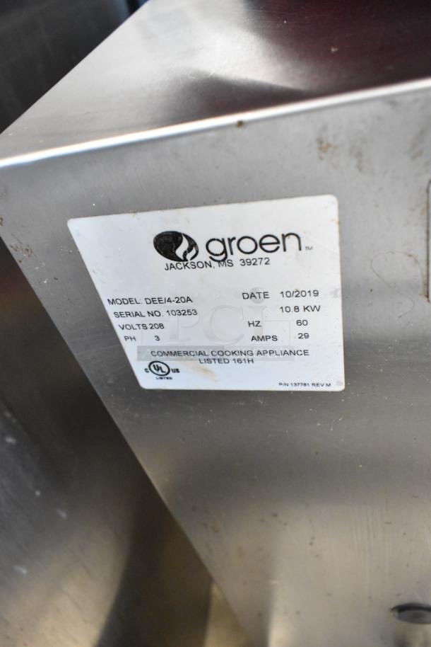 Stainless steel Groen DEE/4-20A electric steam kettle, 20-gallon capacity, 208 volts, 3-phase, manual tilt, commercial use.