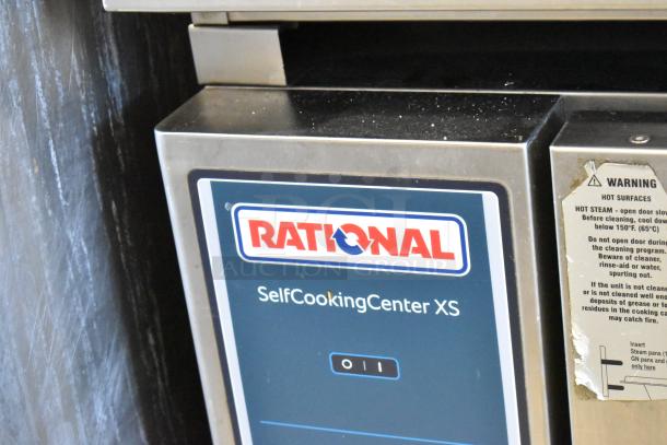 2018 Rational SCCXS62/3E SelfCookingCenter XS oven, stainless steel, model 60.74.406, with ventless exhaust hood. Warning label visible.