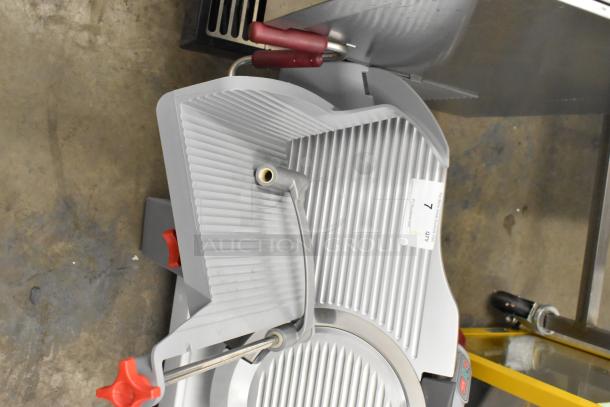 Brand new Berkel X13-PLUS metal commercial meat slicer with blade sharpener. Scratch and dent condition, 120V, 1 phase.