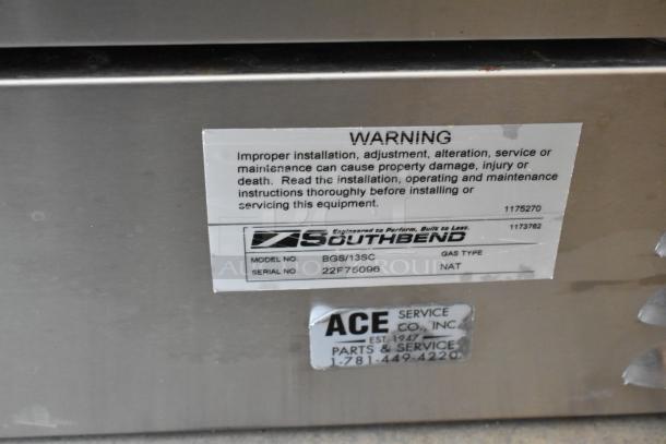 2022 Southbend BGS/13SC convection oven label, showing model, serial number, and warning message. Stainless steel exterior.