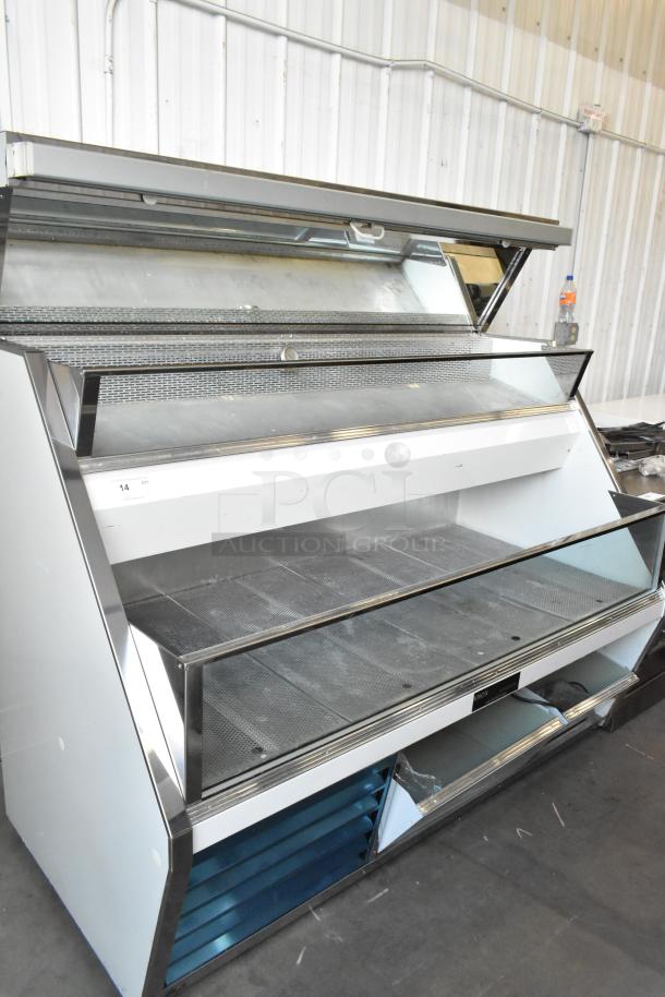 Knox Metal Commercial Floor Style Open Grab N Go Horizontal Merchandiser, 115V, 1 Phase, visible glass shelves, used condition.
