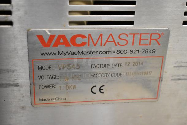 VacMaster VP545 stainless steel vacuum sealer label, showing model VP545, 110V voltage, factory date 12/2014.