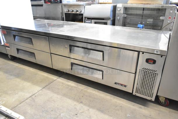 Turbo Air stainless steel 4-drawer chef base on casters, 115 volts, 1 phase, commercial kitchen equipment.
