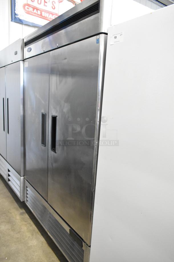 2019 Atosa MBF8507GR stainless steel 2-door reach-in cooler with poly-coated racks and commercial casters. 115V, 1 phase.