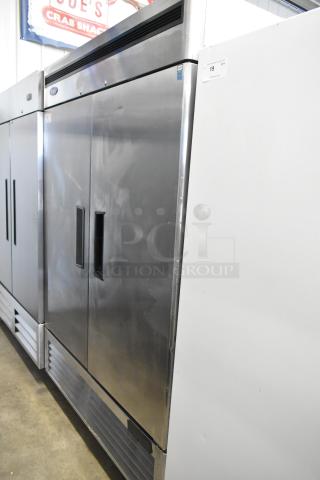 2019 Atosa MBF8507GR stainless steel 2-door reach-in cooler with poly-coated racks and commercial casters. 115V, 1 phase.