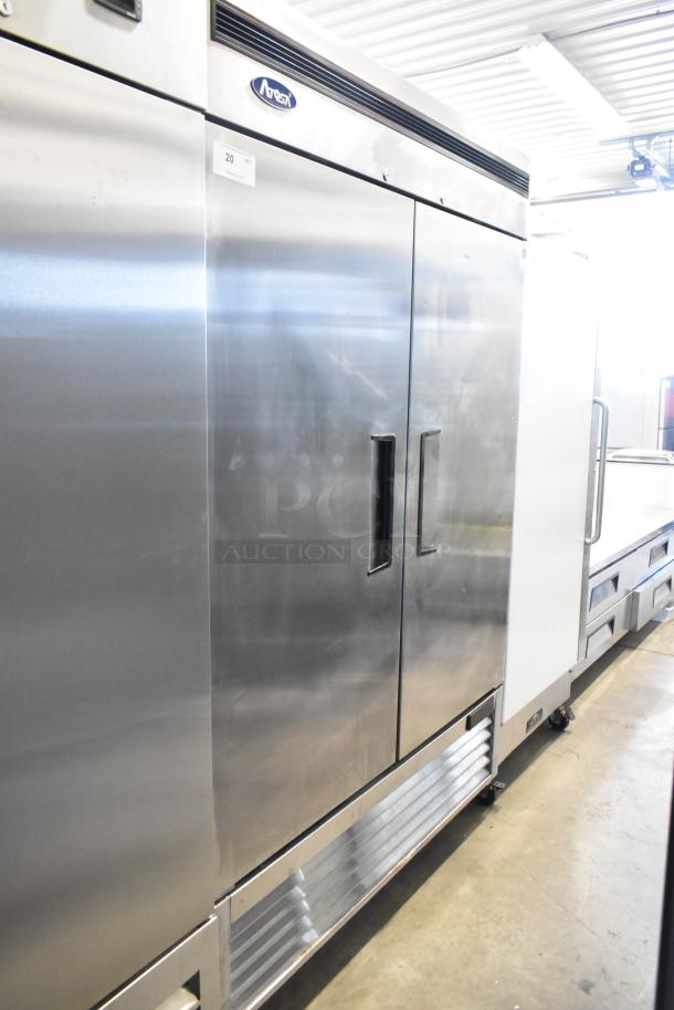 2019 Atosa MBF8507GR stainless steel 2-door commercial cooler, poly coated racks, on casters, 115V, 1 phase.