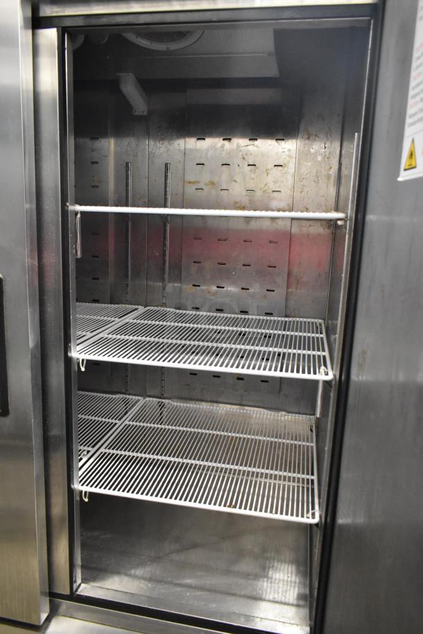 2019 Atosa MBF8507GR stainless steel 2-door reach-in cooler, poly-coated racks, commercial casters, 115V, 1 phase.