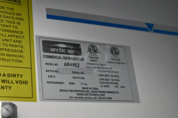 Arctic Air AR49EZ commercial refrigerator label, detailing model, serial number, refrigerant type, and manufacturer information.