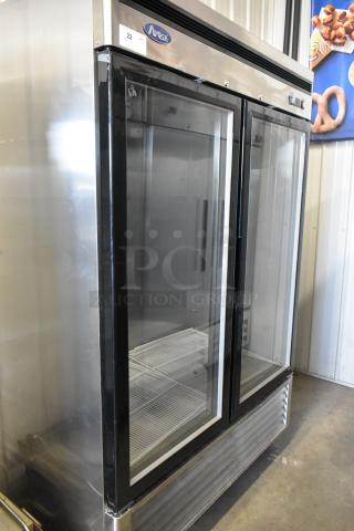 2016 Atosa MCF8707 stainless steel 2-door reach-in cooler with poly-coated racks, commercial casters, 115V, 1 phase.
