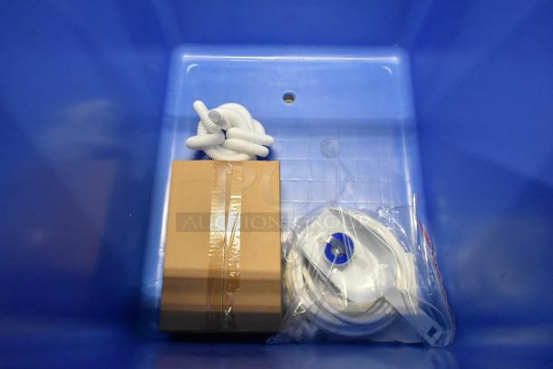 BRAND NEW SCRATCH AND DENT! Metal commercial ice bin, plastic coiled hose, packed components; minor surface marks.