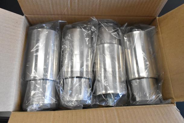Brand new metal commercial ice bin in original packaging, minor scratches visible, wrapped in protective plastic.