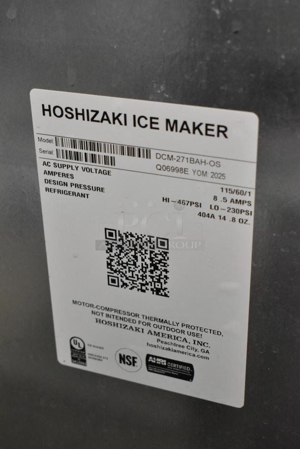 Label of Hoshizaki DCM-271BAH-OS ice maker showing model, serial number, voltage, amperes, and refrigerant info.