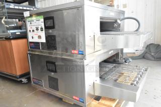 Middleby Marshall DZ33T stainless steel conveyor pizza ovens, 2022 model, electric, on commercial casters, 208V, 3/1 phase.