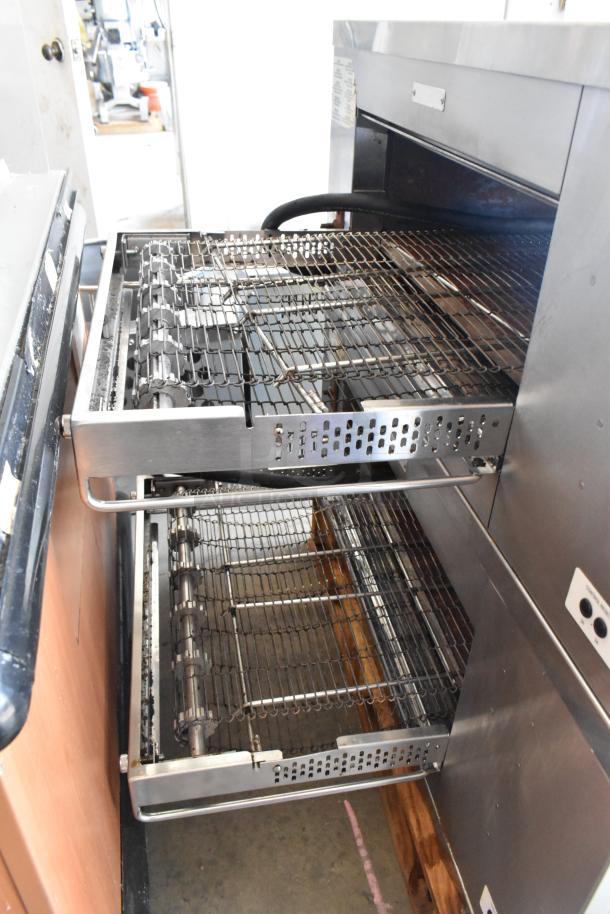 Middleby Marshall DZ33T stainless steel commercial conveyor pizza ovens, 208V, 3/1 phase, on casters, 2022 model.