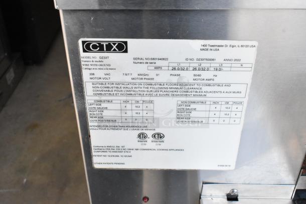 Middleby Marshall DZ33T stainless steel conveyor pizza oven data plate, 208V, 3/1 phase, 2022, specifications listed.