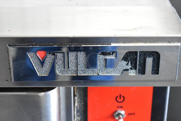 Vulcan logo on stainless steel convection oven, model VC4GD-21D150K, with power switch visible.