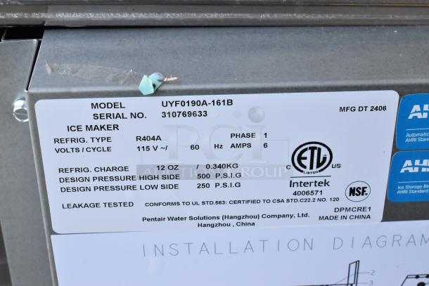 Label on Manitowoc UYF0190A-161B ice machine. Specs: 115V, 1 phase, refrigerant R404A, 200 lb capacity, 90 lb bin.