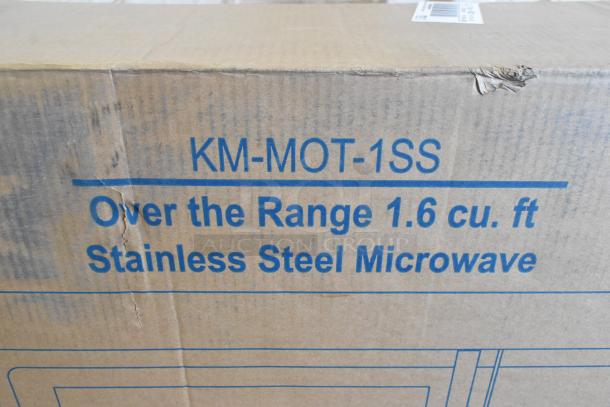 Box for KoolMore KM-MOT-1SS 1.6 cu. ft. over-the-range stainless steel microwave, showing model details. New with scratches.