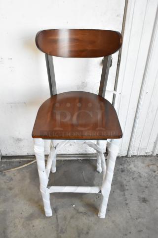 28 BRAND NEW SCRATCH AND DENT! Black Metal Bar Height Chair w/ Wooden Back Rest and Seat. 28 Times Your Bid! - Item #1209127