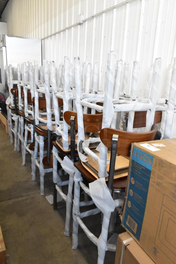 28 brand new KoolMore DC-2C bar height chairs, black metal with wooden backrests and seats, scratch and dent condition.