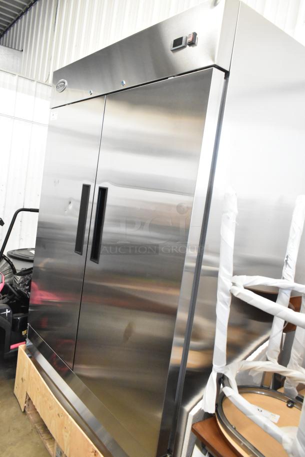KoolMore RIR-2D-SS stainless steel commercial 2-door cooler, brand new with minor dents, poly-coated racks, 115V, 1 phase.
