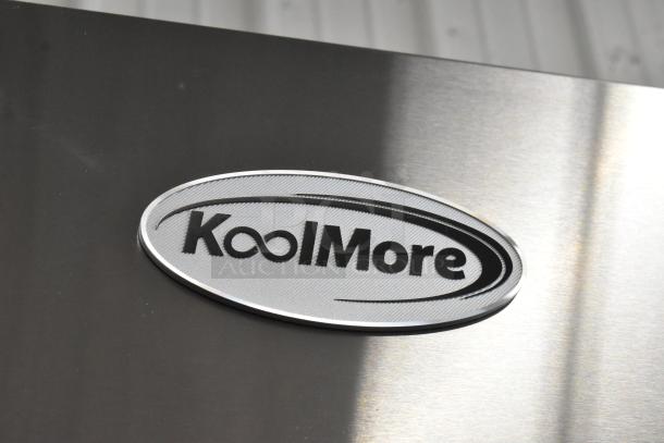Stainless steel KoolMore logo on the 2025 RIR-2D-SS reach-in cooler.