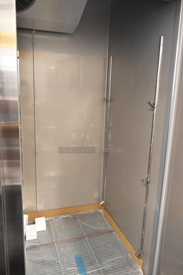 KoolMore RIR-2D-SS stainless steel commercial cooler interior, empty with poly-coated racks, brand new condition.