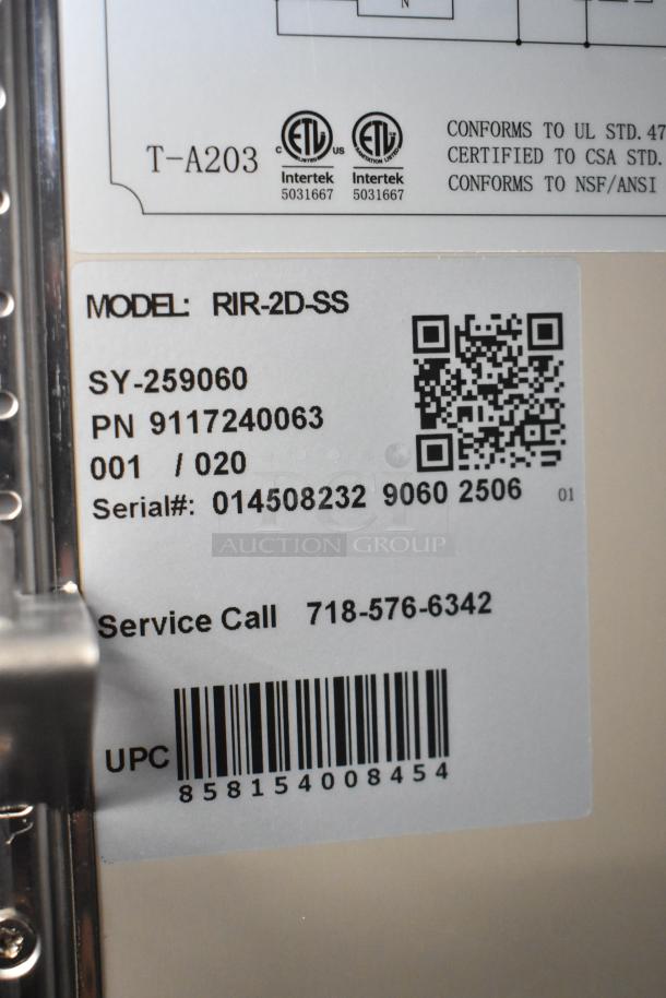 Label on KoolMore RIR-2D-SS cooler indicates model, serial, and UPC codes. ETL listed; conforms to UL and CSA standards.