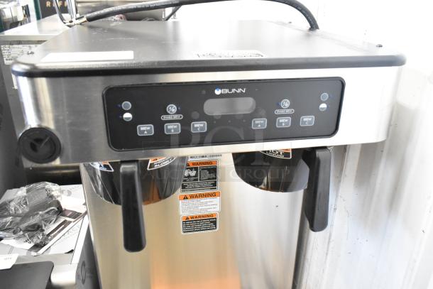 BRAND NEW 2025 Bunn ICB TWIN Commercial Coffee Brewer, stainless steel, dual brew baskets, 120/240V, 1 Phase, with visible warning labels.