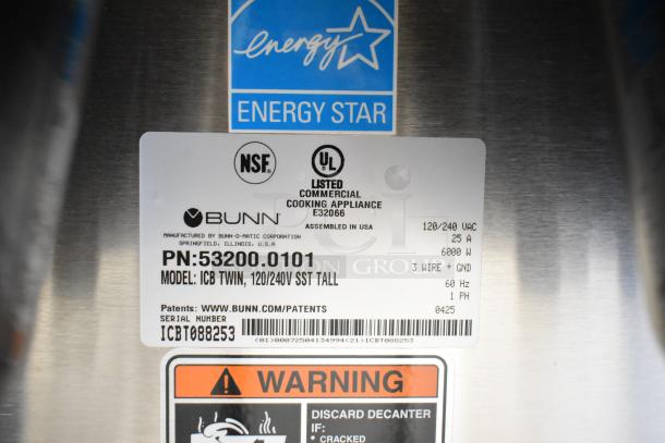 Bunn ICB TWIN Stainless Steel Coffee Brewer label, showing model, voltage, UL and NSF listings, Energy Star compliance.