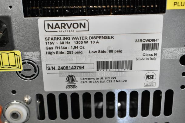 BRAND NEW 2024 Narvon 23BCWD8HT countertop water dispenser label showing voltage, gas type, and certification marks.