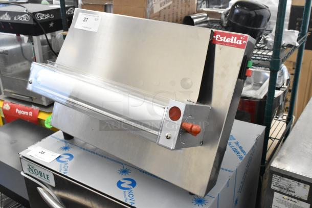 Brand new 2025 Estella 348EDS18S stainless steel commercial 18" dough sheeter, scratch and dent condition, 120V, 1 phase.
