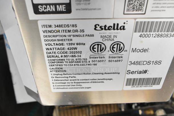BRAND NEW 2025 Estella 348EDS18S Stainless Steel Dough Sheeter, 120V, 420W, ETL certified, model label visible.