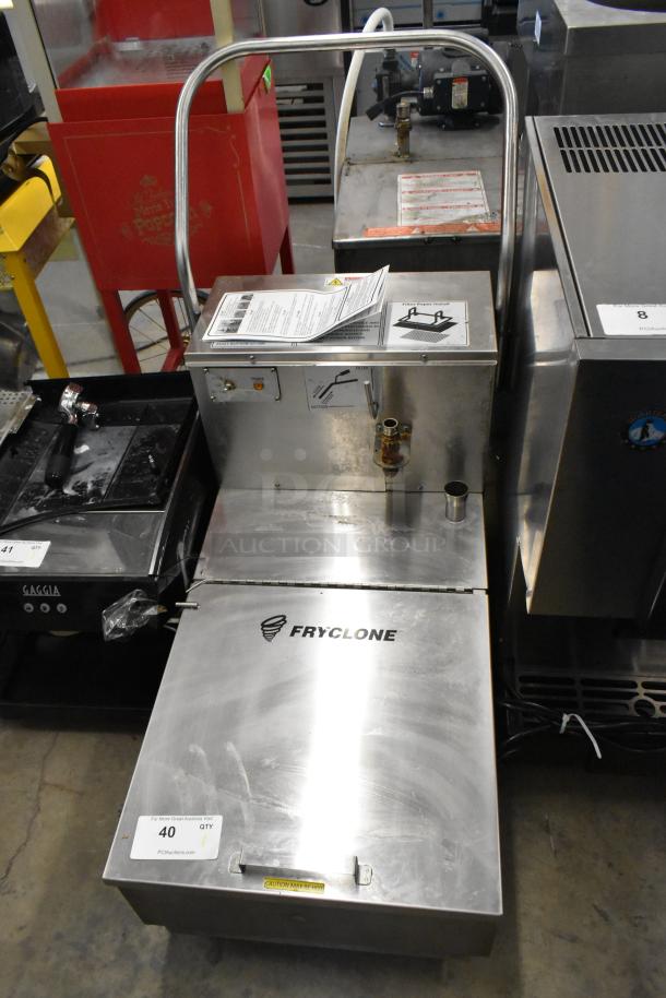 Fryclone 115 lb. Stainless Steel Fryer Oil Filter Machine, portable, low-profile, 2-way pump, new condition, tags visible.