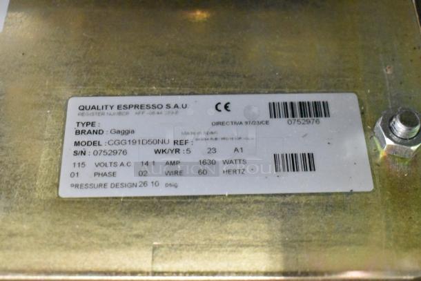 Label on Gaggia CGG191D50NU Ruby Pro Espresso Machine, showing model info, serial number, voltage, and wattage details.