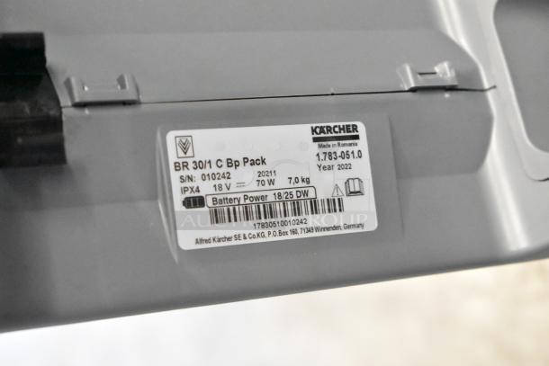 Brand new Karcher BR 30/1 C BP floor scrubber label; model 1.783-051.0, IPX4, 18V, 70W, 7kg, year 2022.
