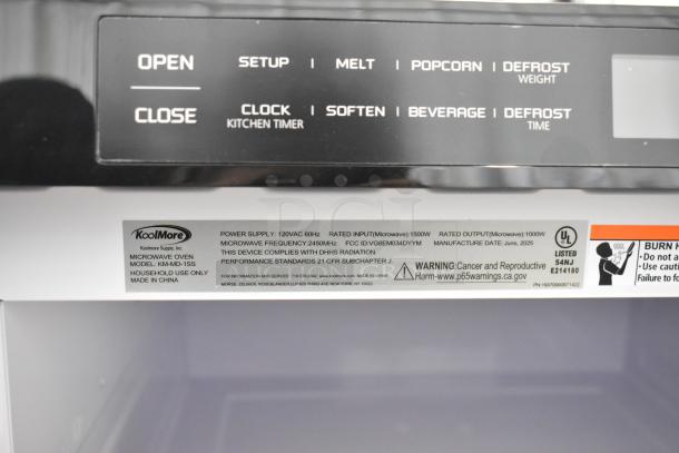 Brand new 2025 KoolMore KM-MD-1SS 24" stainless-steel microwave drawer. Scratch and dent. Visible control labels and specs.