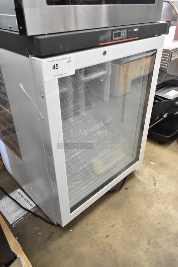 2025 KoolMore KM-PHR-45C countertop medical fridge, 4.5 cu. ft., emergency backup, alarm, 120V, minor scratches visible.