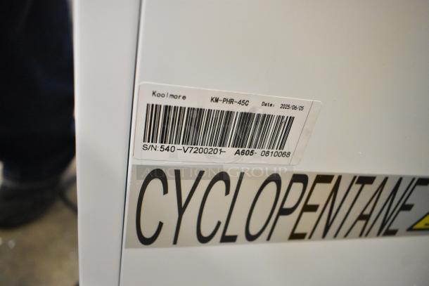 BRAND NEW KoolMore KM-PHR-45C Medical Refrigerator label, model details, and barcode visible. Cyclopentane info shown.