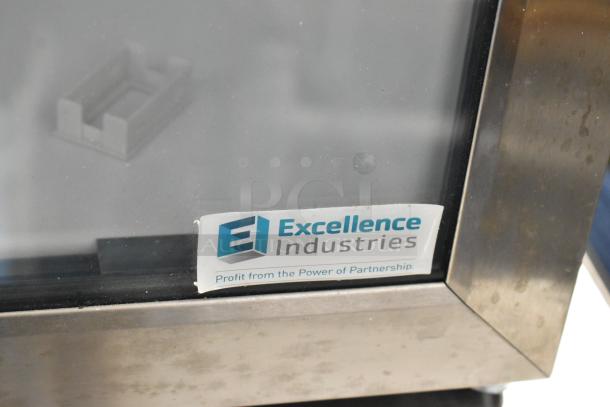 Excellence EMM-2HC black countertop display fridge with swing door, 1.8 cu. ft., brand new scratch and dent, Excellence label shown.