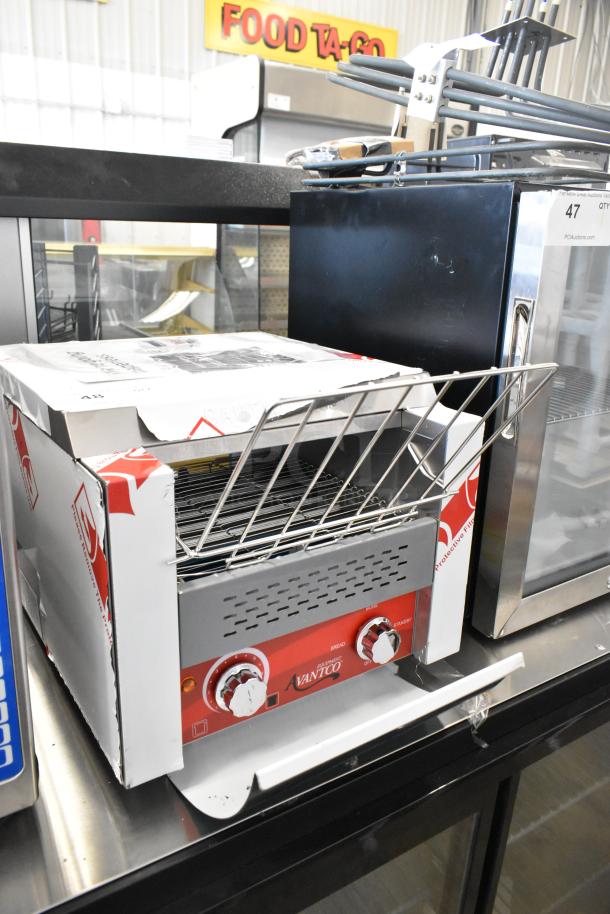Avantco 184T140 stainless steel conveyor toaster, 10" wide, 3" opening, 300 slices/hour, brand new with minor box damage.