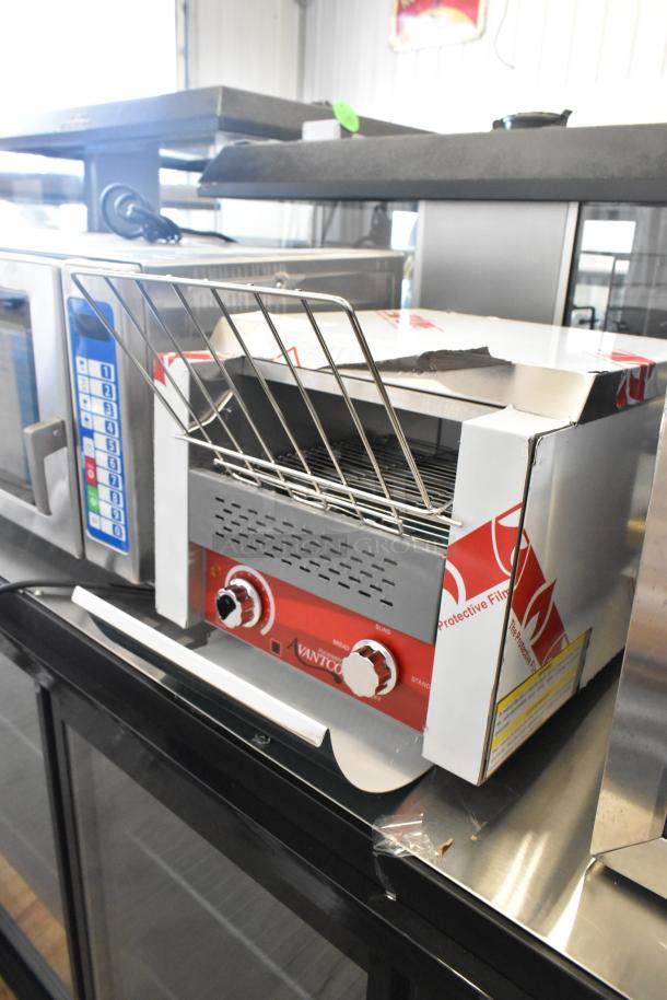 Brand new Avantco 184T140 stainless steel conveyor toaster, 10" wide, 3" opening, 300 slices/hour, 120V, visible protective film.