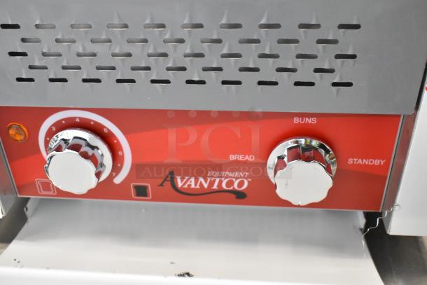 Avantco 184T140 stainless steel commercial conveyor toaster controls, featuring settings for bread and buns.