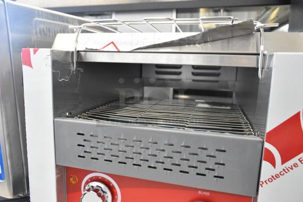 Brand new Avantco 184T140 stainless steel conveyor toaster, 10" wide, 3" opening, 300 slices/hour, scratch and dent condition.